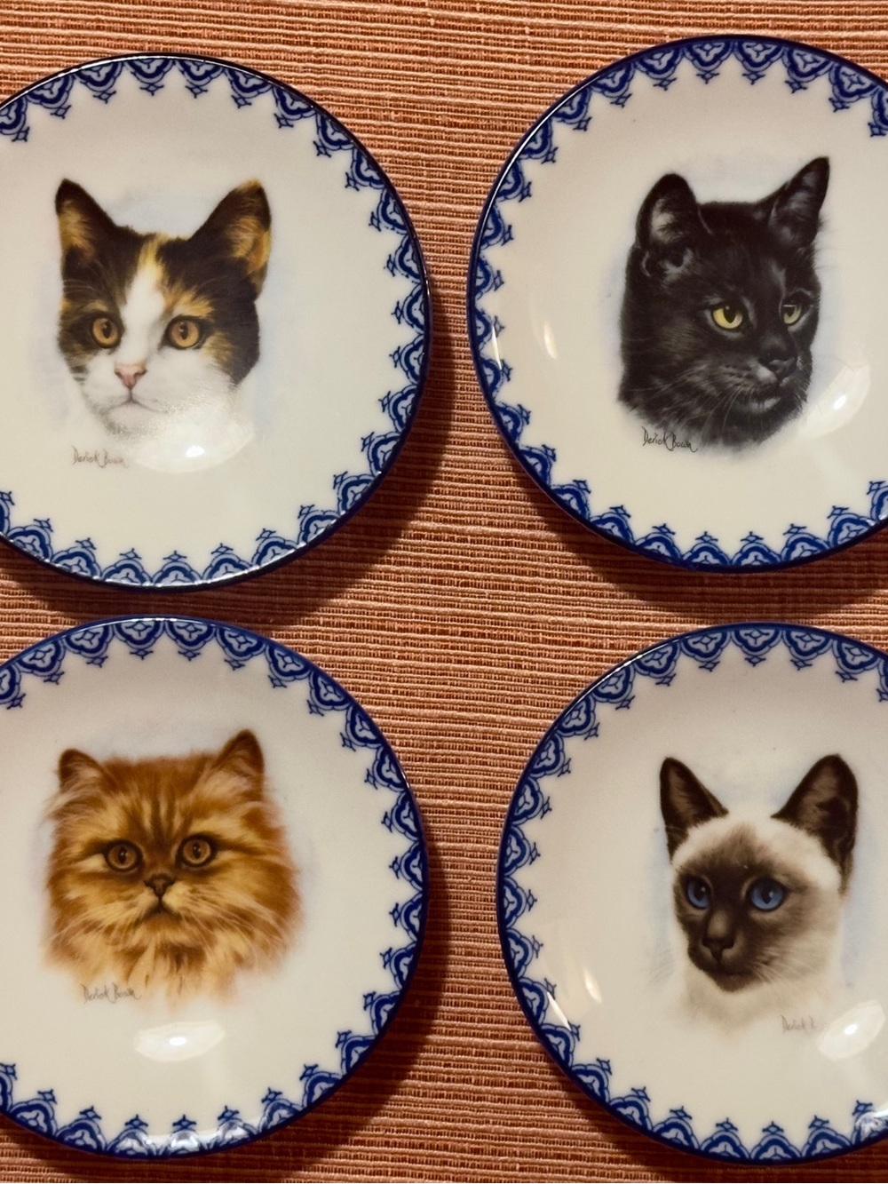 Miniature Porcelain Cat Collector Plates with Blue Trim - Derick Bown